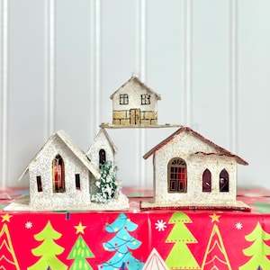 Sweet Trio of Small Vintage Cardboard Putz Houses, Made in Japan & Czechoslovakia - Set of 3 - Vintage Putz Houses, Vintage Christmas