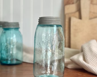 Beautiful Antique Aqua Blue Glass Mason's Patent Nov 30th 1858 Canning Jar With Lettering Errors/Imperfections, Zinc & Porcelain Lid