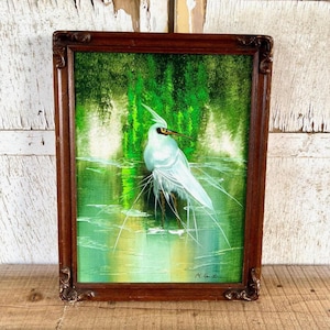 Beautiful Vintage Framed Original Oil On Canvas Painting Signed R. Burton, Wading Snowy Egret - Framed Oil Painting, Signed Artwork
