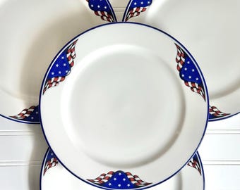 Set of Four Vintage Homer Laughlin Patriotic 10.5" Dinner Plates "Freedom (Ameriwhite)" Design - Set of 4 - Patriotic Tablescape