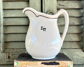 Beautiful Unique Vintage Scammell's Trenton China White Ironstone Milk Pitcher With Greek Letters Sigma Pi - Ironstone Pitcher, Farmhouse