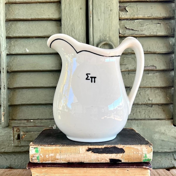 Beautiful Unique Vintage Scammell's Trenton China White Ironstone Milk Pitcher With Greek Letters Sigma Pi - Ironstone Pitcher, Farmhouse