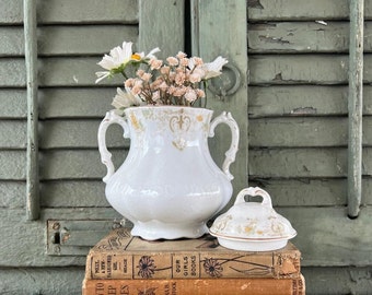 Lovely Antique Ironstone Transferware Sugar Bowl With Lid (Has Repair) - Antique Transferware, Cottage Core, Ironstone Sugar Bowl