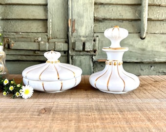 Beautiful & Unique Pair of Vintage Porcelain Vanity Pieces, Powder Puff Holder And Stopper Bottle, Set of 2 - Vintage Vanity Set