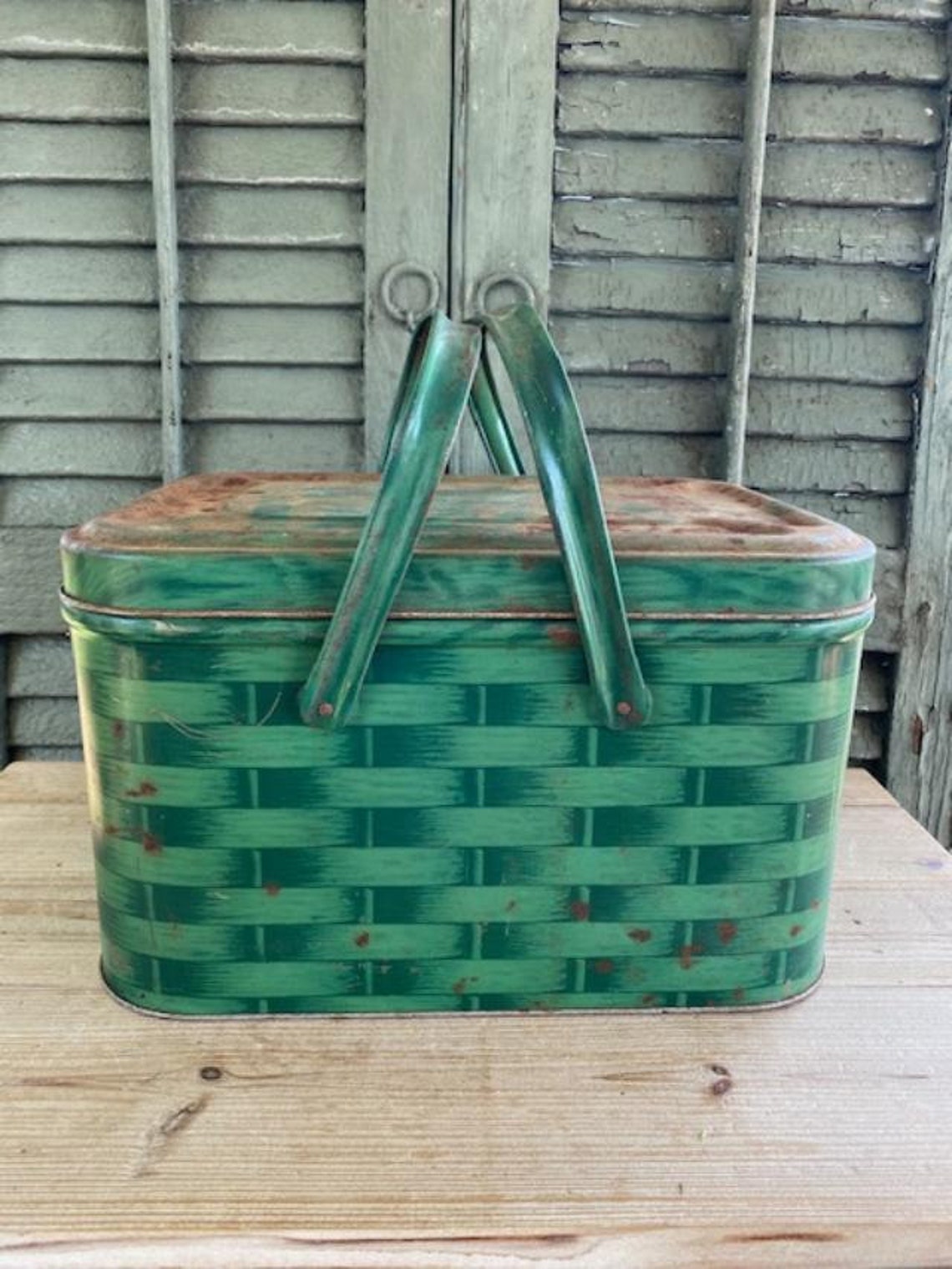Vintage Green Tin / Metal Picnic Basket Rusty Patina Etsy