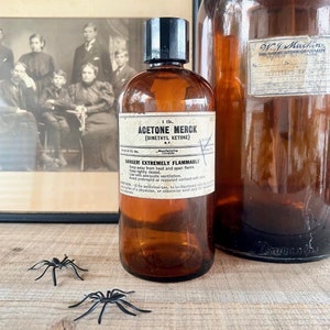 Phenomenal Rare Vintage Amber Glass Merck & Co. Chemistry Bottle With Paper Label, 1 Lb. ACETONE MERCK - Apothecary, Pharmacy, Chemist
