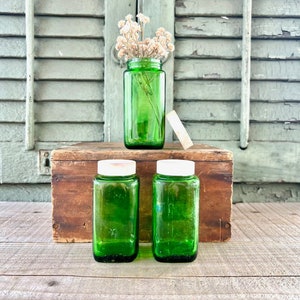 Gorgeous Green Set of Three Vintage Duraglass Apothecary Jars With