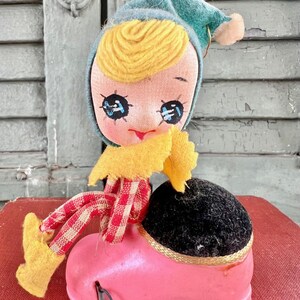 Incredible Vintage Starry-eyed Elf Ornament With Pin Cushion & Tape Measure Boot - Vintage Christmas Décor, Vintage Christmas Ornament