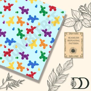 May include: A seamless repeating pattern featuring colourful balloon animals in red, orange, yellow, green, blue, and purple on a light blue background. A rectangular label with a sunflower illustration reads SEAMLESS REPEATING PATTERN.