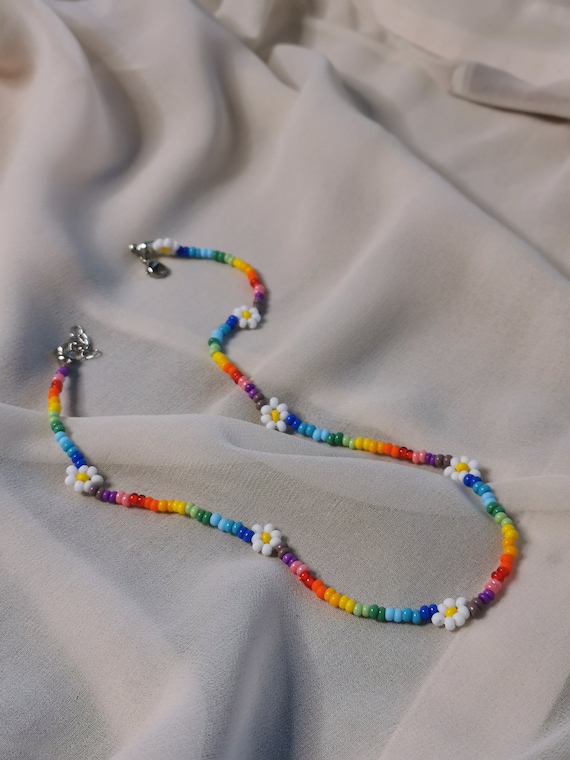 Rainbow Beaded Flower Necklace