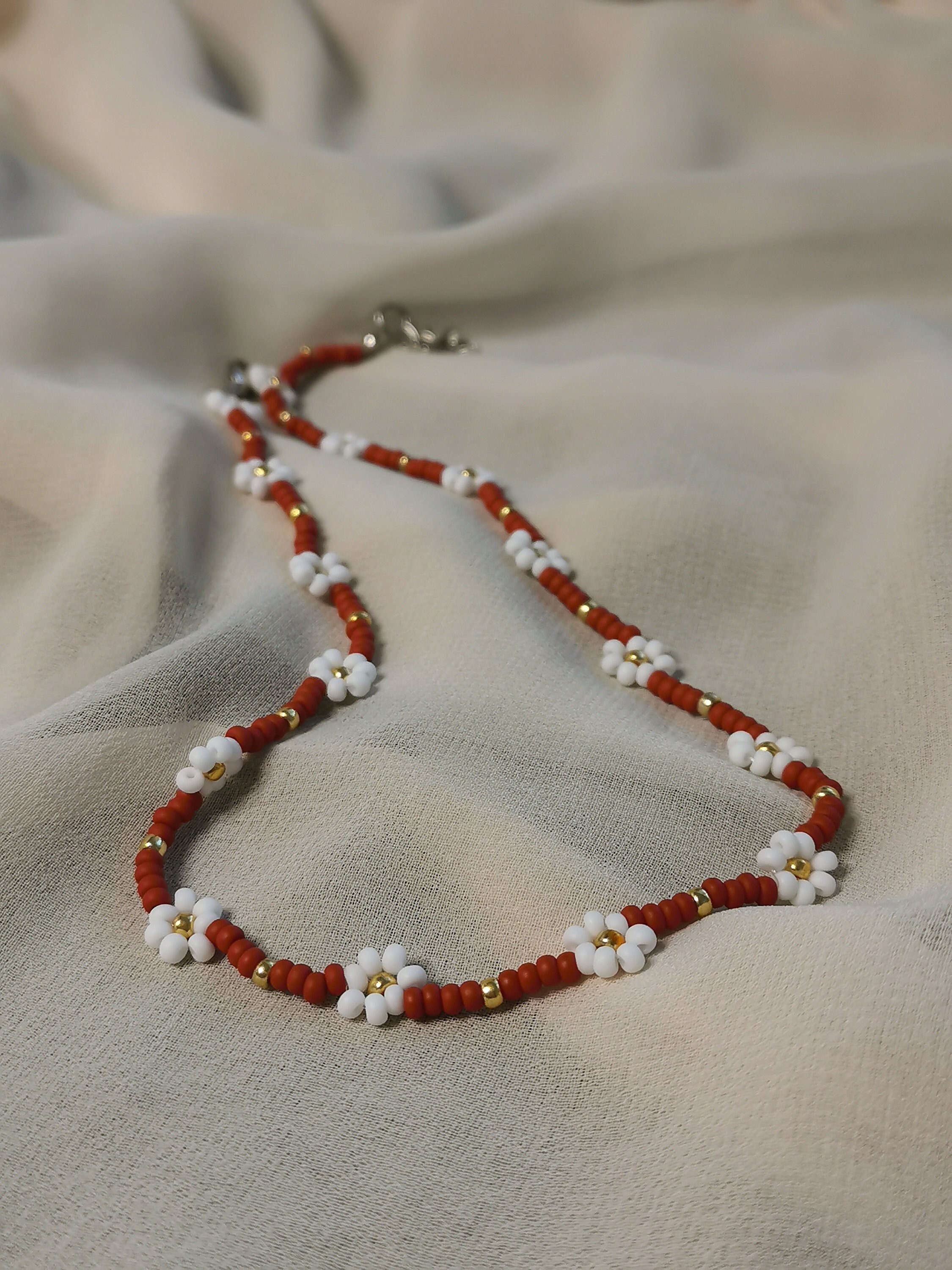 Beaded Daisy Necklace Beaded Flower Jewelry Choker Beaded Pearl Necklace Charm Necklace Seed Bead Jewelry