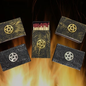 Witchy Pentacle Match Box w/ Matches in Silver or Gold; Witchcraft Magic Pentagram Gothic Pagan Wiccan Altar Tools Fire Starter Witch Gift