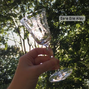 May include: A clear glass with an etched design is held up against a backdrop of green trees. The glass has a wide bowl and a long stem. The text "Eerie Erie Alley" is visible in the upper right corner of the image.