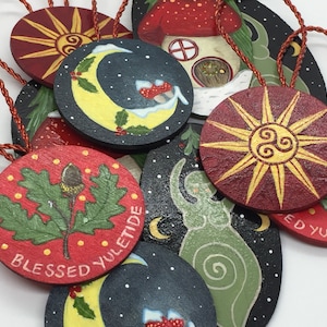 Pagan Yule Ornaments- Painted Wooden Witchy Christmas Baubles- Rustic Winter Decor Bright Holiday Tree Decor Wiccan Spiral Goddess Mushroom