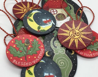 Pagan Yule Ornaments- Painted Wooden Witchy Christmas Baubles- Rustic Winter Decor Bright Holiday Tree Decor Wiccan Spiral Goddess Mushroom