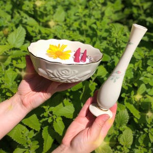 Vintage Lenox Altar Set - Rose Offering Dish & Bud Vase Aphrodite Alter Decor Delicate Scrying Bowl Feminine Shrine Tools Heathen Goddess