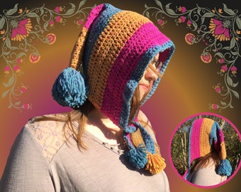 Colorful Elf Hippie Hat; Extra Long Psychedelic Fairy Hood w/ Giant Pom Pom Striped Unisex Headware Eclectic Witch Ren Faire Cosplay Gift