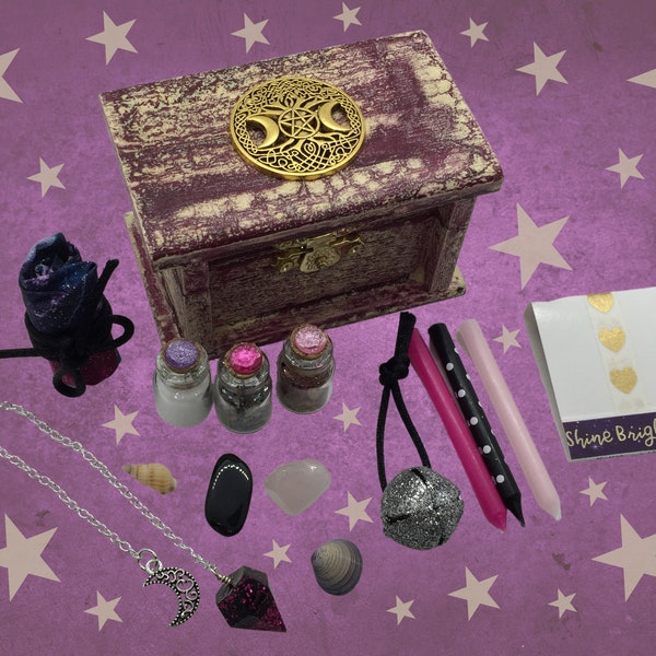 Triple Moon Mini Travel Altar Kit Distressed Purples Portable Witchcraft Alter Set Witchy Vibes Pagan Pentacle Tree of Life Aesthetic Box