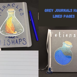 May include: Two gray journals with lined pages. One journal has a drawing of a beaker with a flame inside and the text "Miracles and Mishaps". The other journal has a drawing of a beaker with blue liquid inside and the text "Potions".