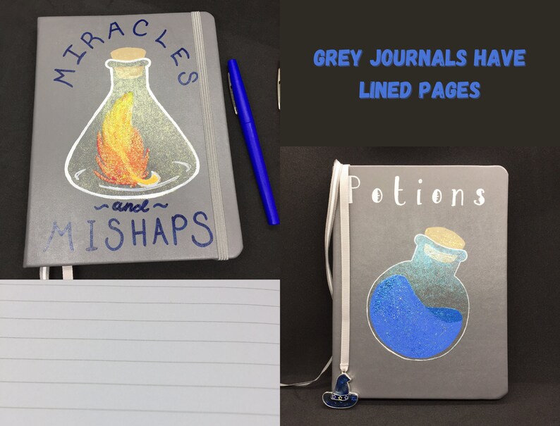 May include: Two gray journals with lined pages. One journal has a drawing of a beaker with a flame inside and the text "Miracles and Mishaps". The other journal has a drawing of a beaker with blue liquid inside and the text "Potions".
