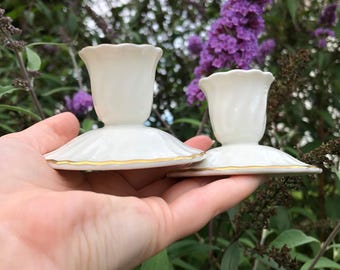 Vintage Pair White and Gold Candlestick Holders - VTG Syracuse China Debonair Witchcraft Decor Sea Witch Altar Aphrodite Alter Pagan