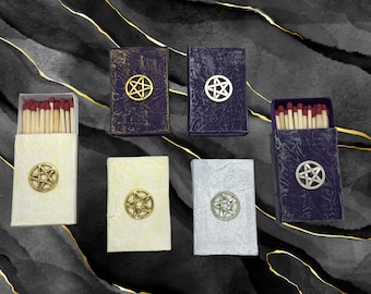 Witchy Pentacle Match Box w/ Matches in Silver or Gold; Witchcraft Magic Pentagram Gothic Pagan Wiccan Altar Tools Fire Starter Witch Gift