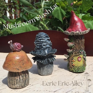 Cute Mushroom Bottles Amanita Stash Jar Apothecary Vial Toadstool Fairy House Altar Decoration Witchy Goblin Alter OOAK Snail Oddities Shelf