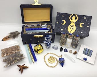Spiral Goddess Mini Travel Altar Kit Witchcraft Alter Set Midnight Blue Gold Moon and Stars Wiccan Box Witchy Vibes Portable Pagan Bundle