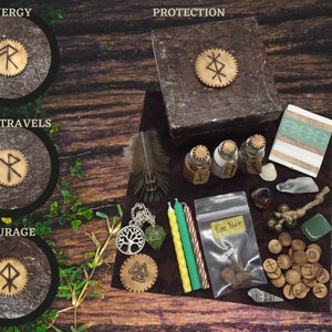 Nordisk bindning Rune resealtare kit rustik viking bärbar altarlåda äldre Futhark Rune vedbränd hednisk häxa energi skydd mod