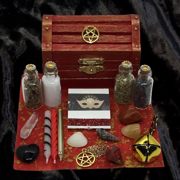 Mini Witchcraft Travel Altar Kit Gothic Vibes Red & Gold Pentacle Witchy Box Wiccan Pagan Alter Bundle Set Classic Goth Style Starter Chest