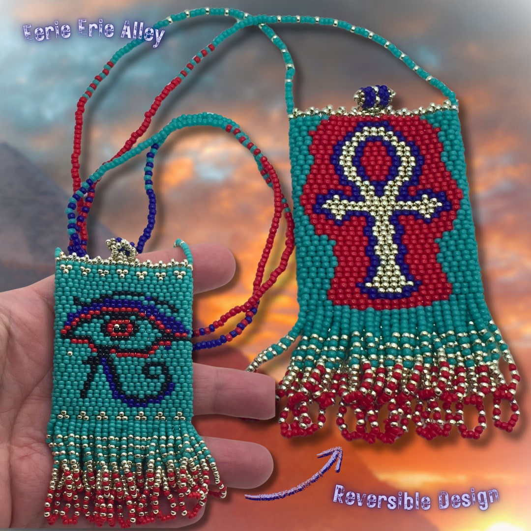 Eye of Horus Beaded Amulet Bag Left Wedjat Ankh Protection Prayer ...