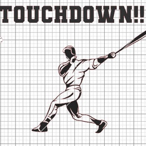 Puede incluir: Ilustración en blanco y negro de un jugador de béisbol balanceando un bate con el texto "TOUCHDOWN!" sobre el jugador.