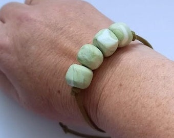 Beaded unisex bracelet in olive and soft khaki green, Adjustable beaded bracelet, Unique gift for her or him