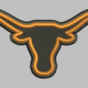 Pode incluir: Um remendo bordado de uma cabeça de touro longhorn, em preto e laranja.