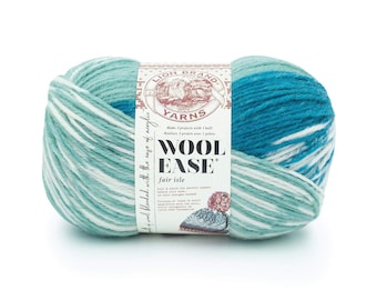 May include: A skein of Lion Brand Wool Ease Fair Isle yarn in a teal, white, and green colorway. The yarn is a blend of acrylic and wool and is suitable for knitting and crocheting.
