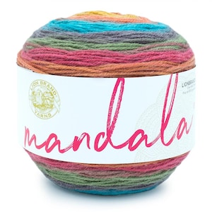 May include: A ball of Lion Brand Mandala yarn in the colorway "Autumn Leaves". The yarn is a gradient of orange, red, green, blue, and gray.