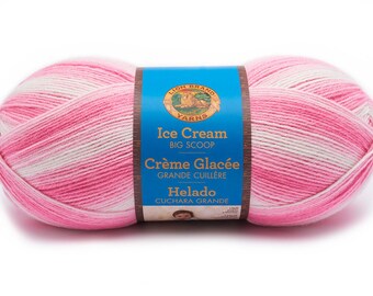 STRAWBERRY pink white Ice Cream Big Scoop Lion Brand Yarn Wt 3 light acrylic variegated machine wash dry knit crochet baby blanket (7456)