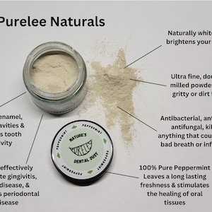 May include: A white jar of Purelee Naturals Peppermint Dental Dust, a natural teeth whitening powder. The jar is on a white surface with text describing the product's benefits, including whitening, rebuilding enamel, and eliminating tooth sensitivity.