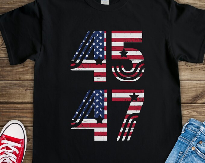 45 47 Trump 2024 (Short-Sleeve Unisex T-Shirt) Funny Gift Tee for Republican Conservative Anti-Biden Maga American Flag