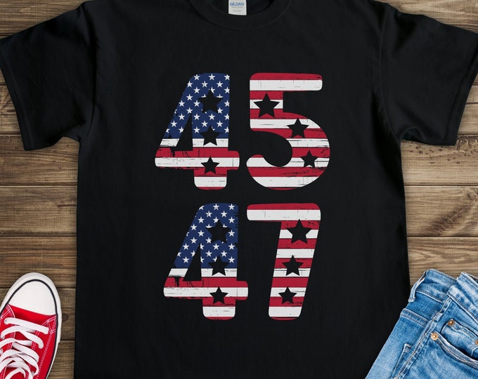 45 47 Trump 2024 (Short-Sleeve Unisex T-Shirt) Funny Gift Tee for Republican Conservative Anti-Biden Maga American Flag