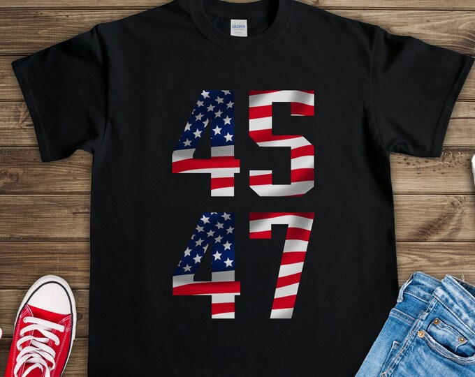 45 47 Trump 2024 (Short-Sleeve Unisex T-Shirt) Funny Gift Tee for Republican Conservative Anti-Biden Maga American Flag