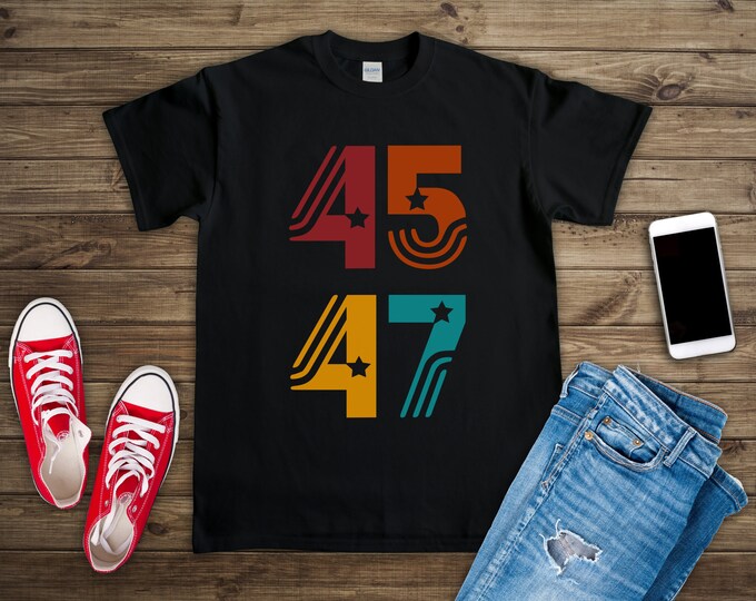 45 47 Trump 2024 (Short-Sleeve Unisex T-Shirt) Funny Vintage Retro Gift Tee for Republican Conservative Anti-Biden Maga American Flag