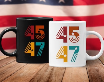 45 47 Trump 2024 (Ceramic Coffee Mugs) Funny Retro Vintage Gift for Republican Conservative Anti-Biden MAGA American Flag