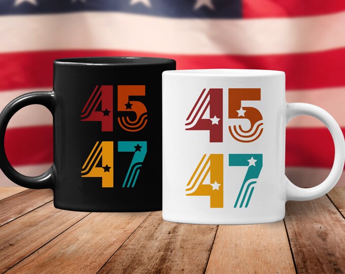 45 47 Trump 2024 (Ceramic Coffee Mugs) Funny Retro Vintage Gift for Republican Conservative Anti-Biden MAGA American Flag
