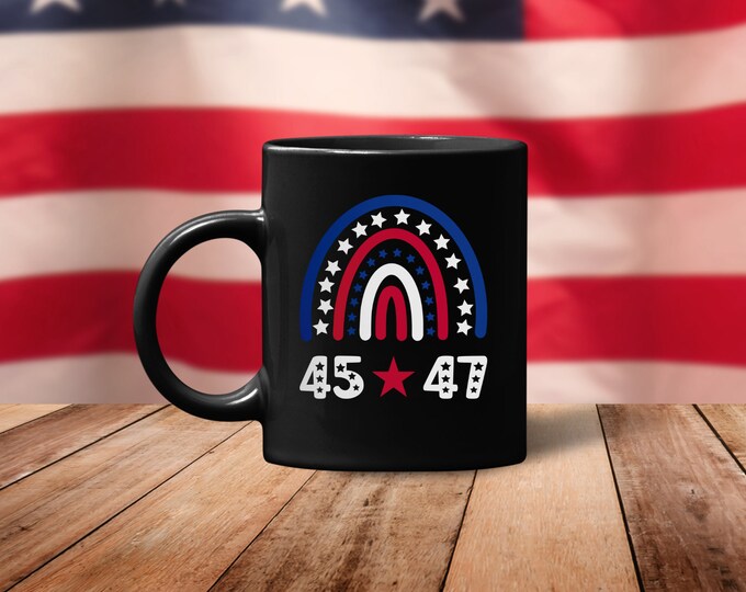 45 47 Boho Rainbow Trump 2024 (Ceramic Coffee Mugs) Funny Gift for Republican Conservative Anti-Biden MAGA American Flag