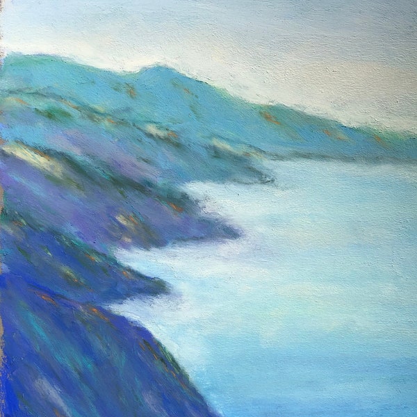 Original Pastell Gemälde - Abstrakt Blau Big Sur Küste in Blau - Verkauft von Künstler