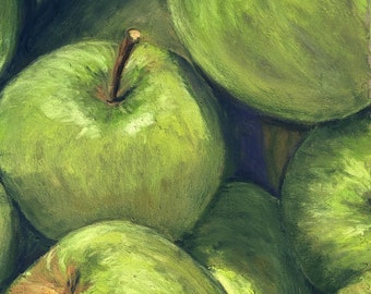 Original Pastel Painting - Green Apples - Close Up Fruit - Sold by Artist