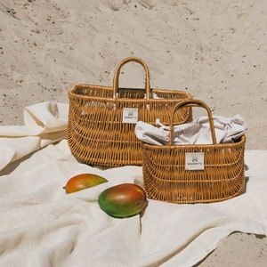 Handmade willow basket set of 2 with linen bag Picnic big rattan straw beach bag image 2