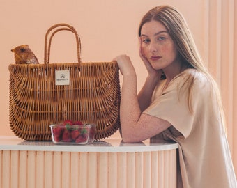 Set of gold slip dress and handmade rattan picnic basket | Tunic and willow bag | Goddess comfy gold dress | Ukrainian brand | Picnic outfit