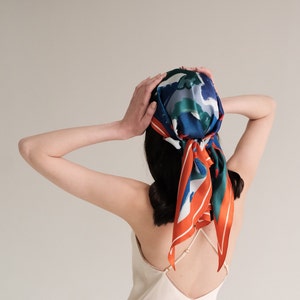 Designer tie back kerchief Large silk hair handbag 60s scarf Triangle headscarf Ukrainian nature inspired accessory Nature print image 1